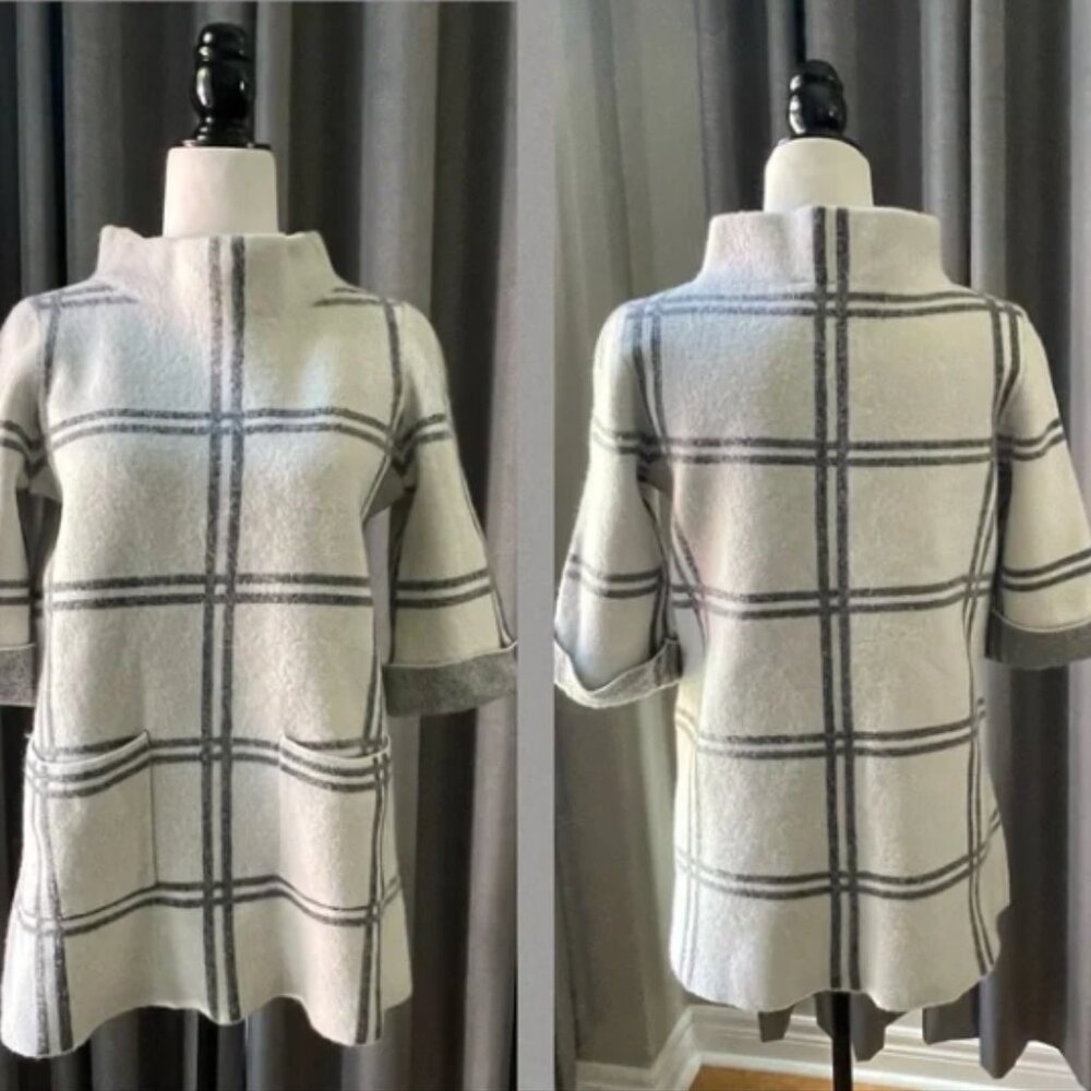 Moth Anthropologie Wool Sweater with Large Grey Plaid  Cream and Gray | M-L